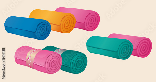 Set of fleece blankets, comforter or duvet and gymnastic mats, rolled into a roll or scroll. Color vector, isolated on background.