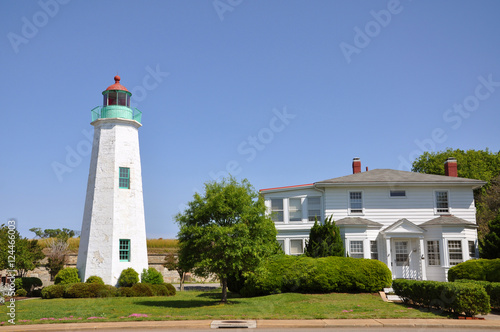 Old Point Comfort Lighthouse and keeper's quarters in Fort Monroe, Chesapeake Bay, Virginia, USA