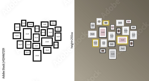 Vector  location  for hanging photo frames on the wall in scale  in the room. Size of heart is WxH=150x126cm drawn to scale, as it would looks at the wall height 250 cm
