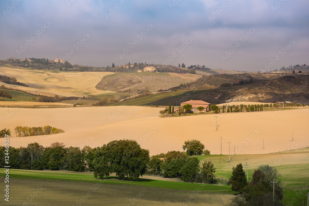 Wavy fields in Tuscany with shadows and farms, Italy. Natural outdoor seasonal summer background with blue sky and clouds.