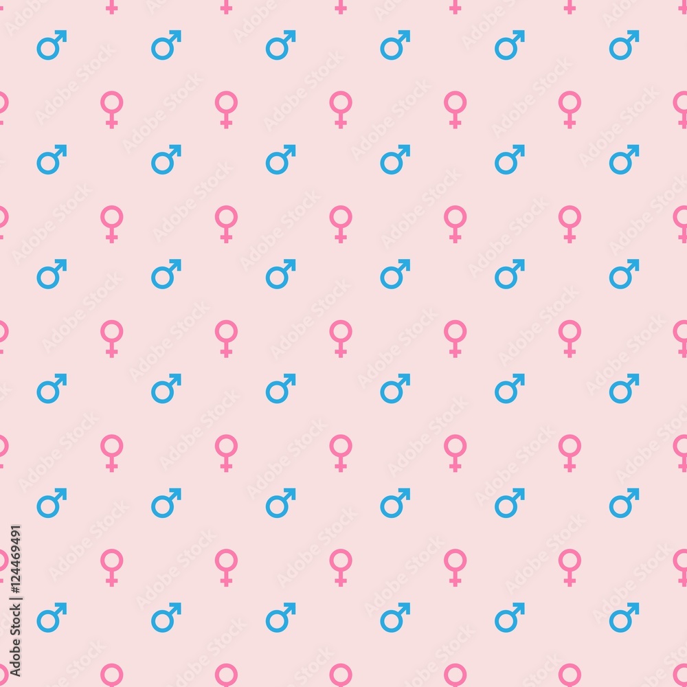 Seamless pattern of blue male and pink female gender symbols on light pink background. Simple flat vector geoetric signs.