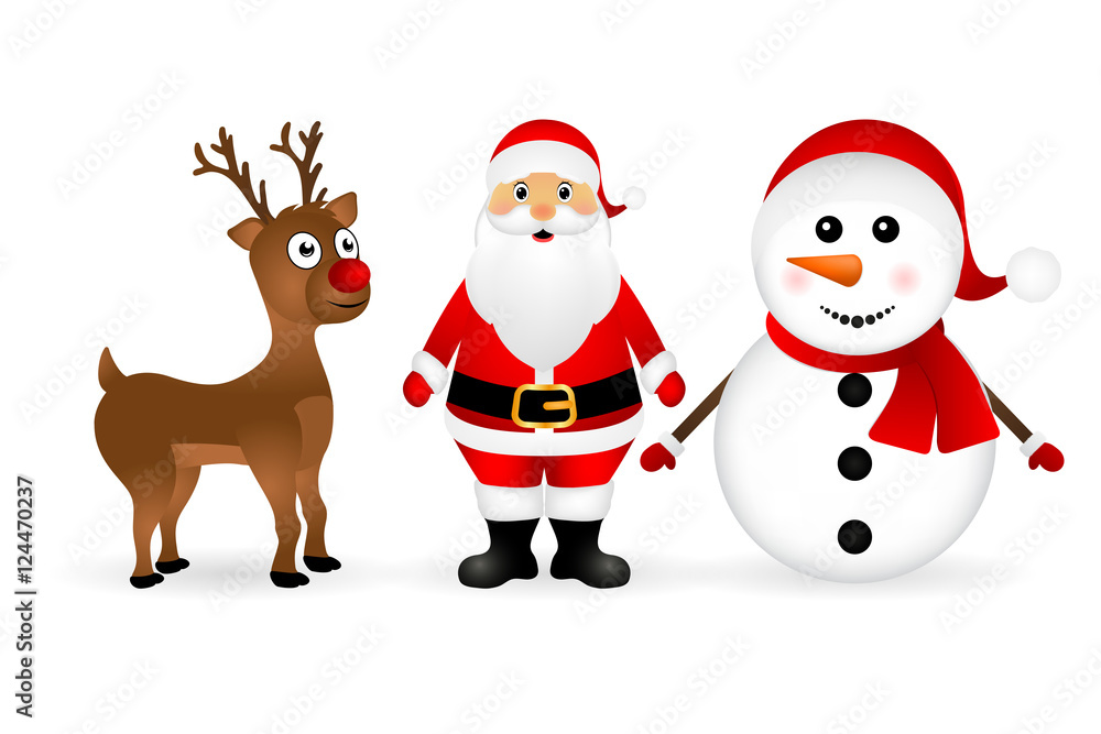 Santa Claus with reindeer and a snowman