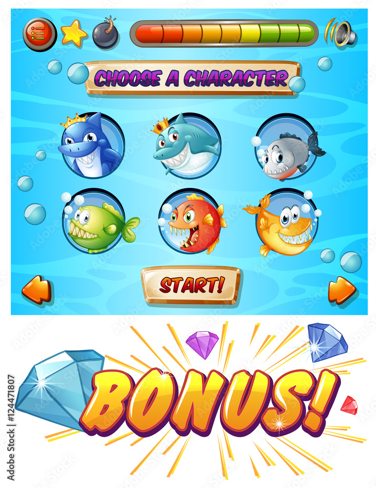Game template with fish and shark characters