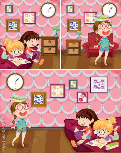 Girls reading book in living room