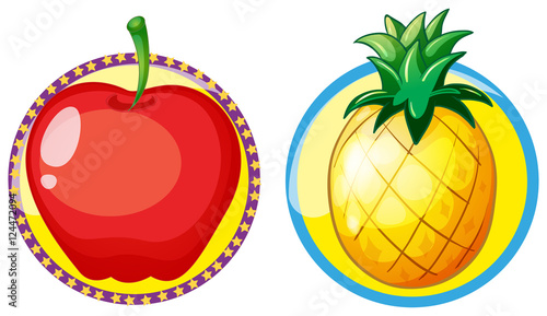 Red apple and pineapple on round badges