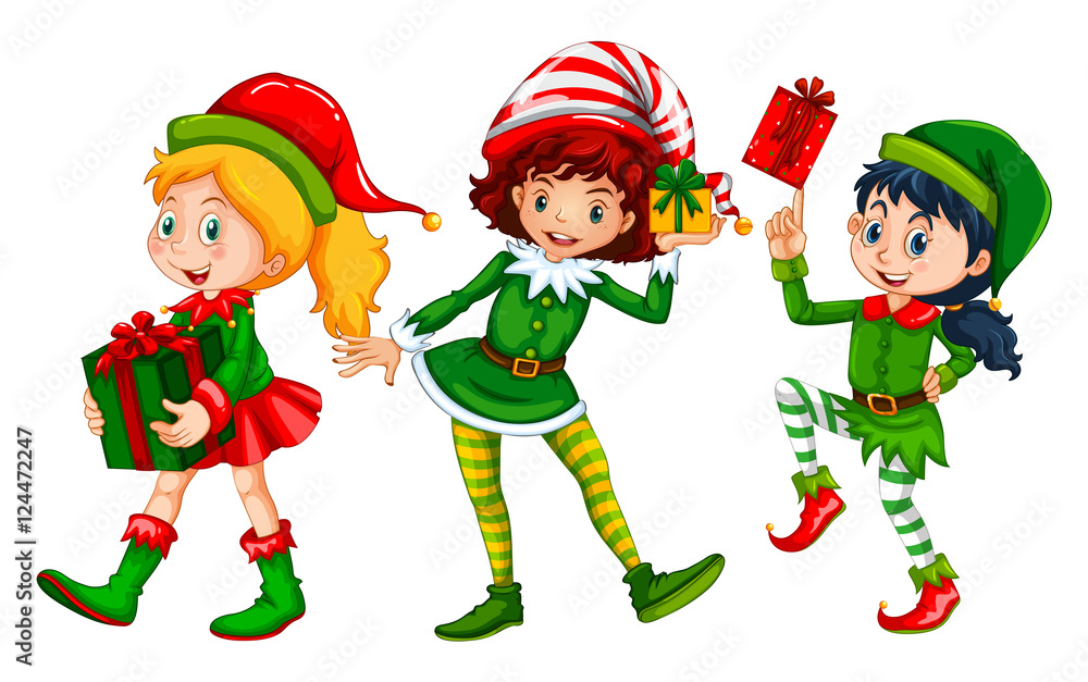 Three girls dressed in elf costume for Christmas Three girls dressed in elf costume for Christmas