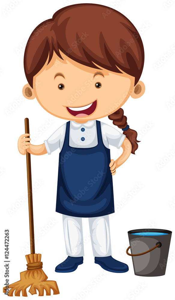 Female cleaner with broom and water bucket Female cleaner with broom and water bucket