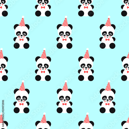 Fototapeta Naklejka Na Ścianę i Meble -  Panda and birthday cap seamless pattern on mint green background. Design for print on baby's clothes, textile, wallpaper, fabric. Vector background with smiling baby animal koala for birthday party.