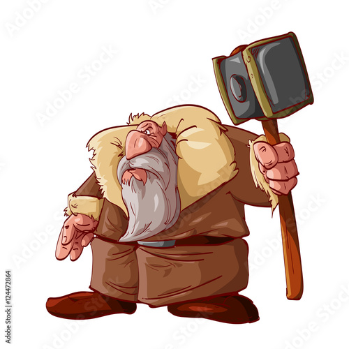 Colorful vector illustration of a cartoon dwarf warrior, wearing a fur leather jacket, armed with giant battle hammer.