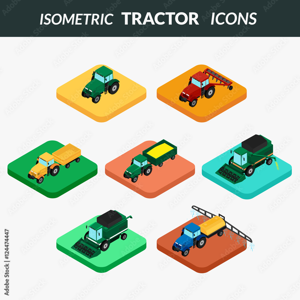 Fototapeta premium vector illustration. set of agricultural icons. Farm tractor with plow, trailer, sprayed with insecticides. harvester. 3D, isometric