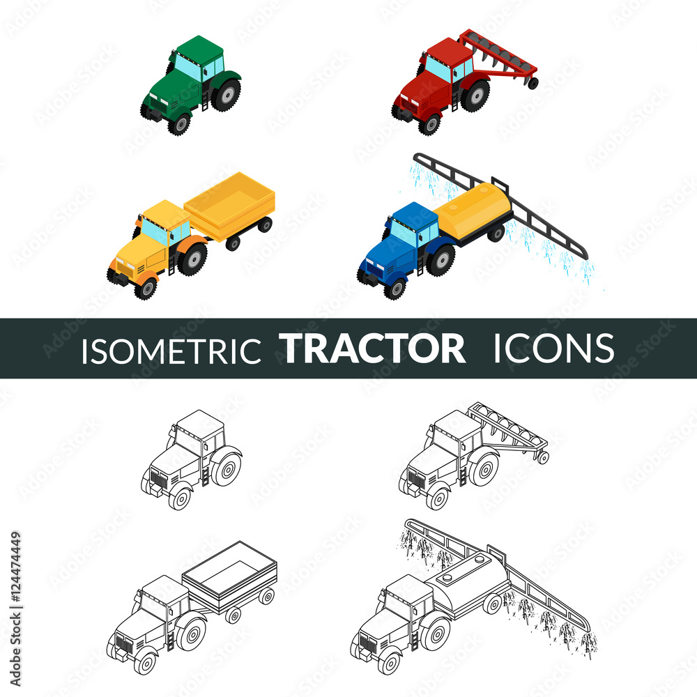 vector illustration. set of agricultural icons. Farm tractor with plow ...