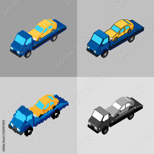 vector illustration. Set of icons of the tow truck of different styles - pixel, monochrome, colorful. Isometric, 3D.