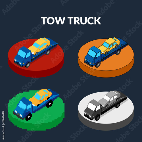 vector illustration. Set of icons of the tow truck of different styles - pixel, monochrome, colorful. Isometric, 3D.