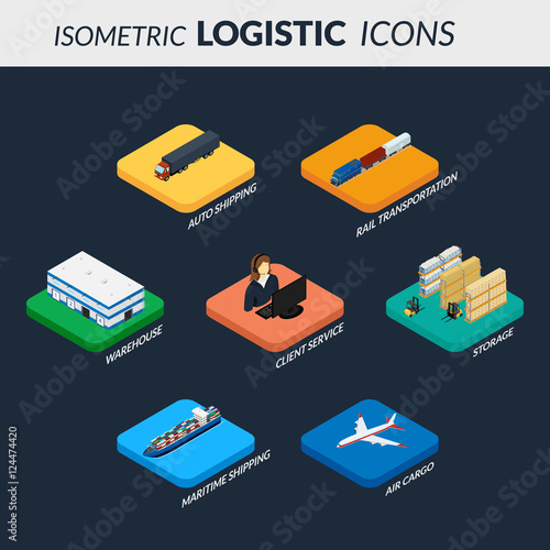 Vector illustration. Set of logistics icons. Infographics of the chain of delivery. Isometric, 3D. Freight train, ship, plane, truck, operator service, warehouse, storage