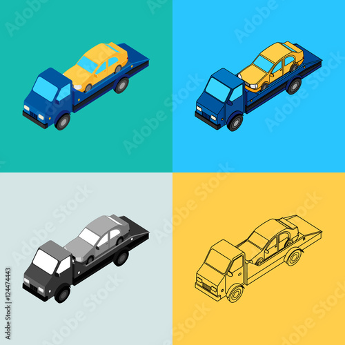 vector illustration. Set of icons of the tow truck of different styles - contour, monochrome, colorful. Isometric, 3D.