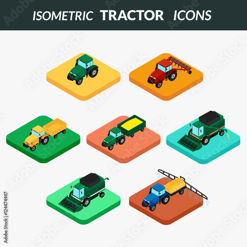 vector illustration. set of agricultural icons. Farm tractor with plow, trailer, sprayed with insecticides. harvester. 3D, isometric