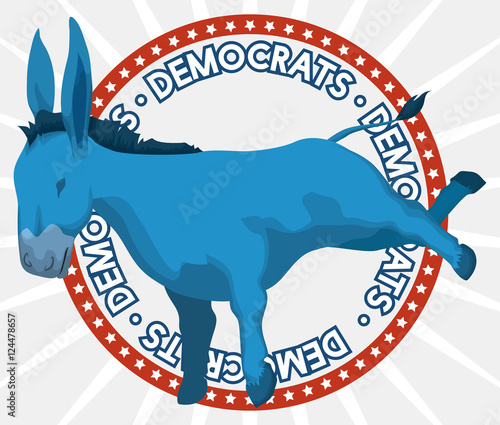 Round Label with Blue Donkey Representing Democrats, Vector Illustration