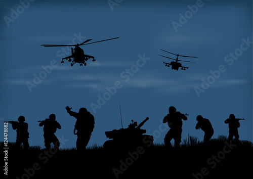 Illustration, the soldiers going to attack and helicopters.