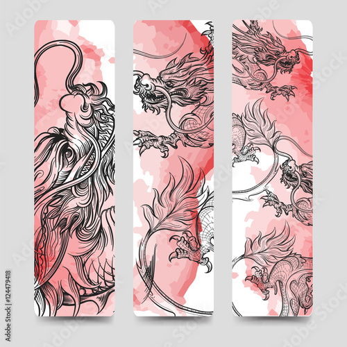 Bookmark set with chinese dragon and watercolor backdrop. Vector illustration
