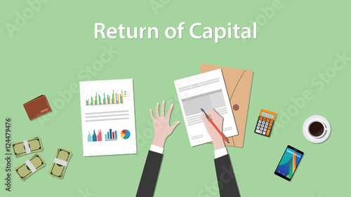return of capital illustration with business man working on paper document graph   money and signing a 