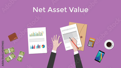 net asset value nav illustration with business man working on paper document graph   money and signing a 