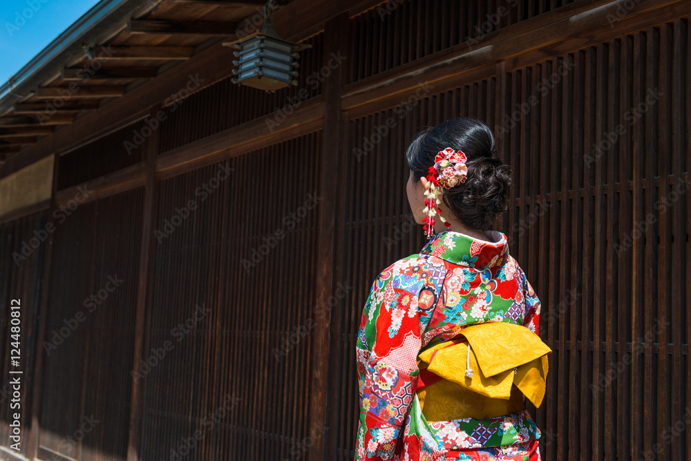 asian woman wearing kimono walking on the old street, Kyoto Japan