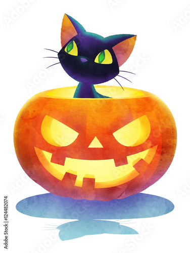cartoon halloween cat in pumpkin poster watercolor illustration