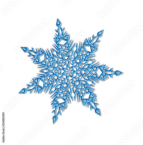 Blue shiny snowflake close-up on a white background