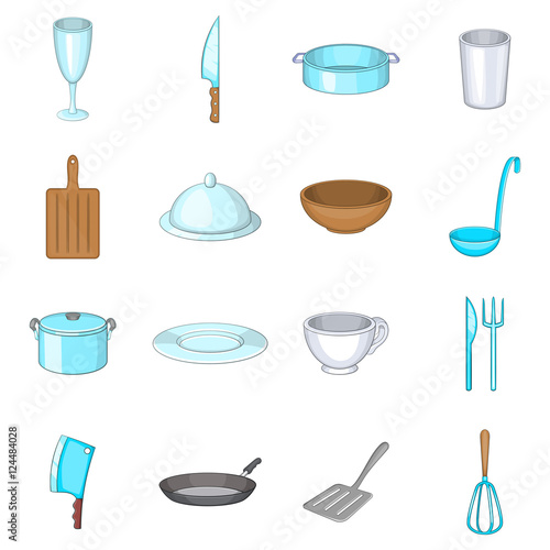 Basic dishes icons set. Cartoon illustration of 16 basic dishes vector icons for web