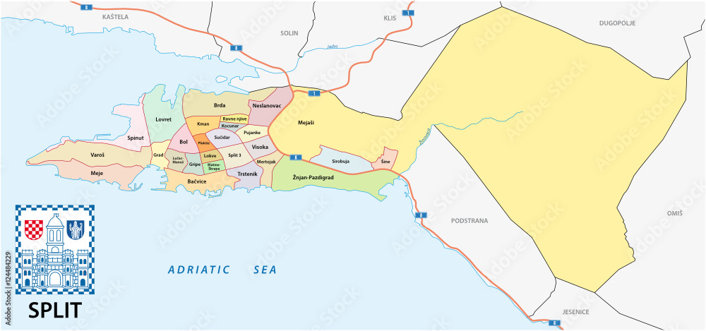 Fototapeta premium Split administrative map with coat of arms