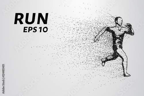 Runner of the particles. A man runs and wind from him to break away pieces. Runner consists of circles and points. Vector illustration