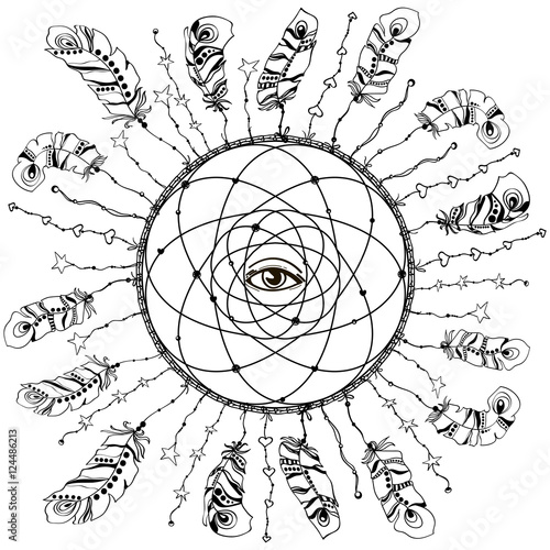 Indian talisman dreamcatcher with eye, feathers and stars. Hipst