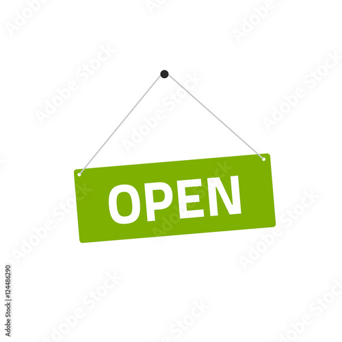 Open sing vector illustration, flat style signboard hanging with open text isolated