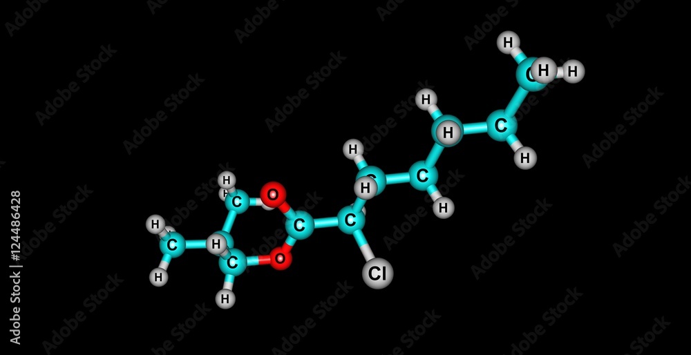 2-Methylprop-1-yl R-2-Chloroheptanoate molecular structure isolated on black