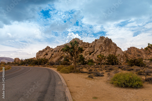 Paved Road and spectacular rock formations at Joshua Tree National Park, California, USA, Picture made while travelling on a roadtrip from Los Angeles to Arizona