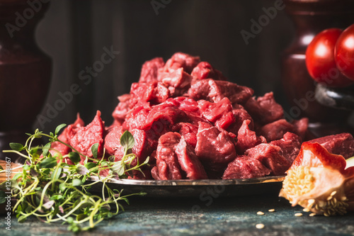 Raw Beef goulash of young bulls , chopped meat, close up, side view