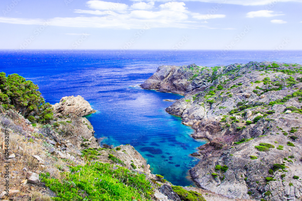 Mediterranean coastline, cliffs and bay, Cap de Creus, Catalonia, Spain. The most eastern point of Spain and the Iberian Peninsula.