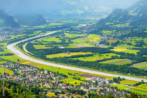 Aerial landscape view on Vaduz city and Rhein river in Liechtenstein