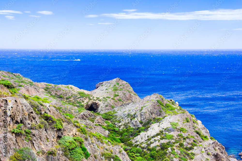 Mediterranean coastline, cliffs and bay, Cap de Creus, Costa Brava, Spain. The most eastern point of Spain and the Iberian Peninsula.