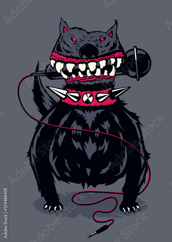 Music poster template for rock concert. Dog with microphone.