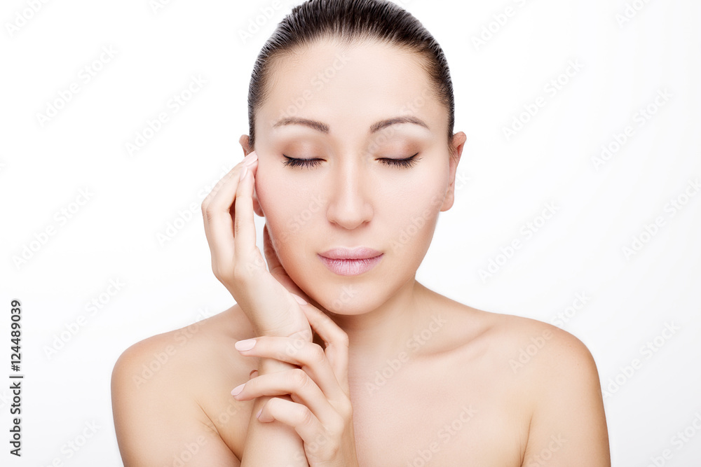 Front portrait of beautiful face with beautiful closed eyes -isolated on white