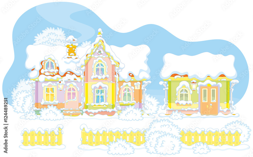 Colorful snow-covered house of Santa Claus and his workshop at the North