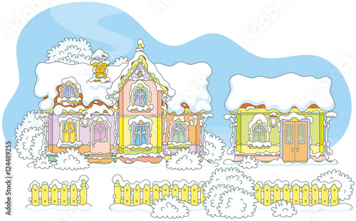 Colorful snow-covered house of Santa Claus and his workshop at the North