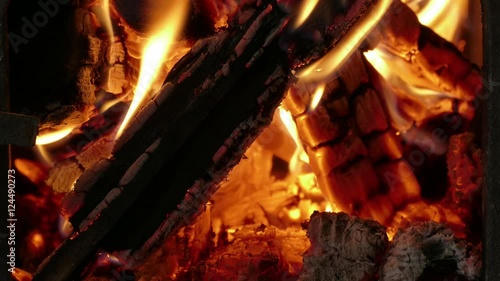 Fire flame / Fire of burning wood in stove with the open door, close-up