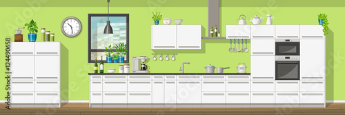 Illustration of interior equipment of a modern kitchen, panorama