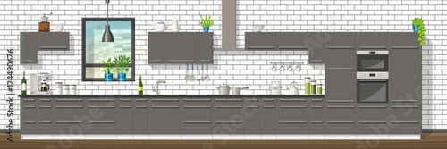 Illustration of interior equipment of a modern kitchen, panorama
