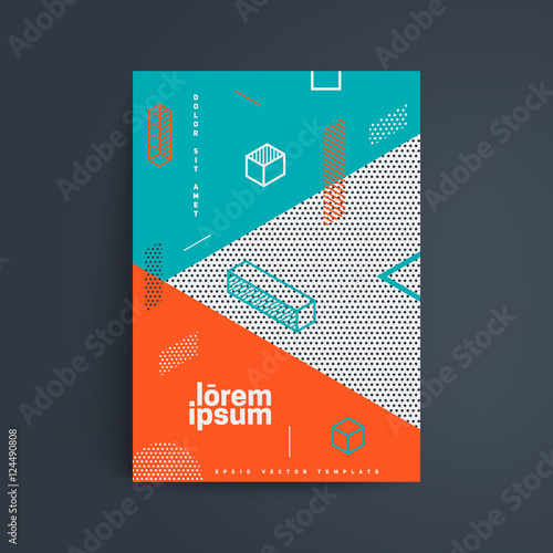 Future minimal geometric backgrund. Simple isometric shapes composition. Hipster colors. Original trendy design. Vector template.