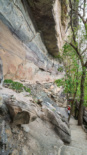 Ancient cave paintings on cliffs above the Mekong River at Pha Taem National Park , Ubon Ratchathani Province , Thailand