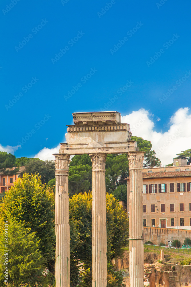 Fototapeta premium Ruins and columns of temple of Castor and Pollux in Roman Forum (Forum Romanum), Italy 