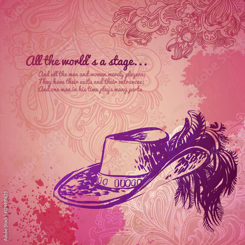 Vintage girl hat fashion vector banner. illustration drawn by hand, floral pattern